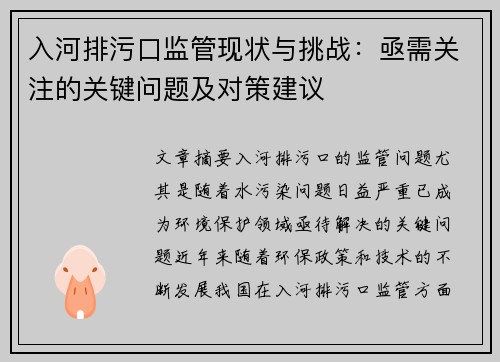 入河排污口监管现状与挑战：亟需关注的关键问题及对策建议